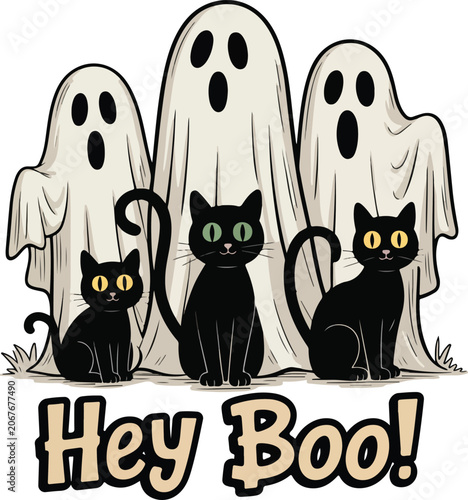 Canvastavla Cute Ghosts and Black Cats Halloween Illustration