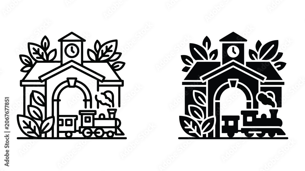 Fototapeta premium Educational building icon featuring steam locomotive train and botanical leaves in minimalist line art and solid black vector style for school transportation and eco learning concepts for children