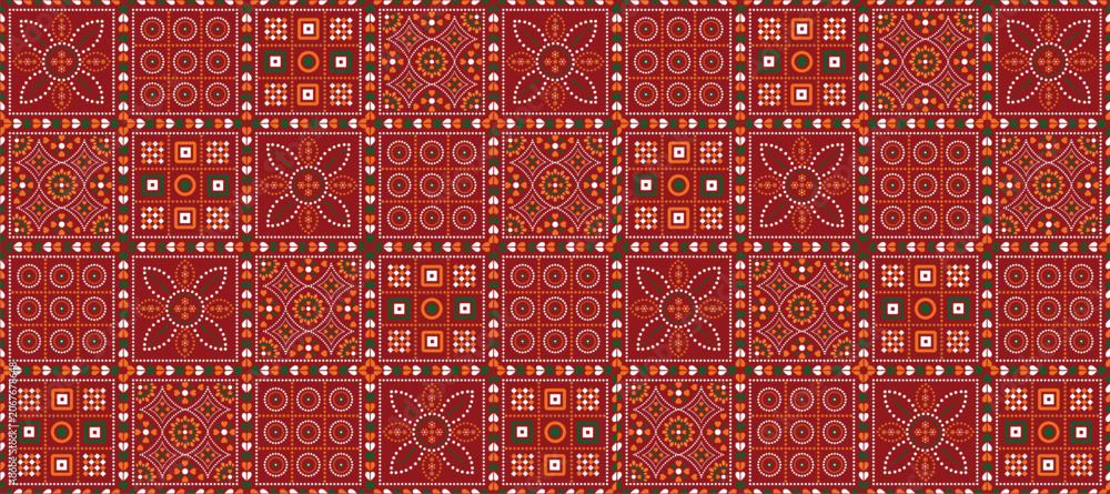 Fotografie Indian Folk Patchwork Pattern Vector, Colorful Gujarati Kutchi Textile Design, E