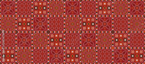 Fotografie Indian Folk Patchwork Pattern Vector, Colorful Gujarati Kutchi Textile Design, E