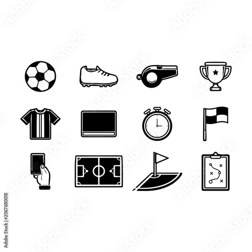 Soccer and Football Line Icons Set with Ball, Trophy, Referee Whistle and Field Elements