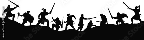 Cuadro en lienzo Vector silhouette illustration of ancient medieval warriors ready for battle wit