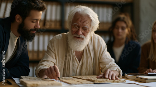 linguist arranging ancient clay tablet replicas beside vowel-shift diagram on university seminar table, pointing to syllabary comparison chart, multicultural graduate group