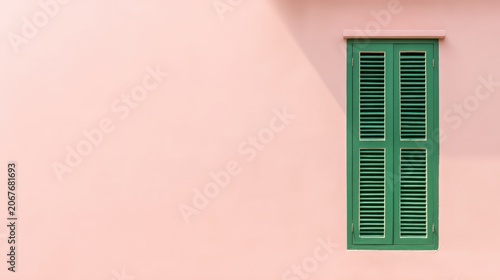 Minimalist Architecture Pastel Pink Wall Emerald Green Louvered Window Soft Natural Light Triangular Shadow Negative Space Serene Mood Design Material
