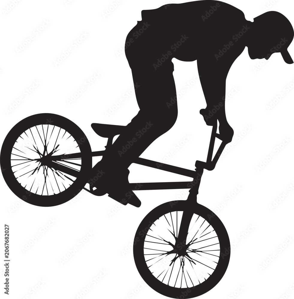 Naklejka premium Silhouette cyclist performing aerial stunt on BMX bike in dynamic motion isolated on white background for sports design elements
