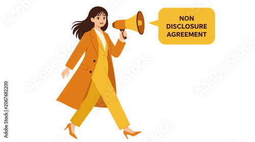 Woman in yellow coat holding megaphone for announcement.