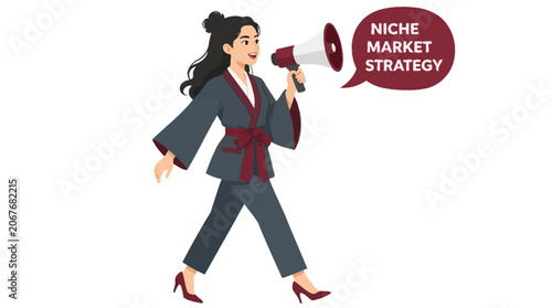 Businesswoman using megaphone for niche market strategy.