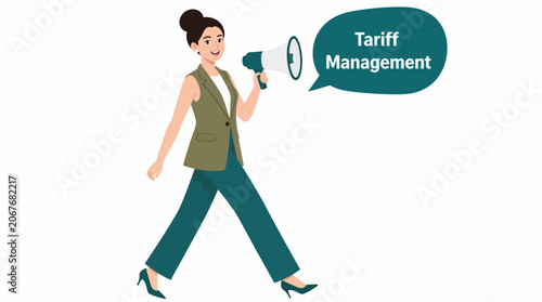 Woman walking and holding a megaphone for tariff management.