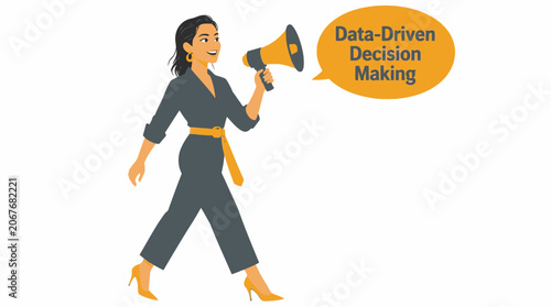 Woman holding megaphone for data driven decision making.