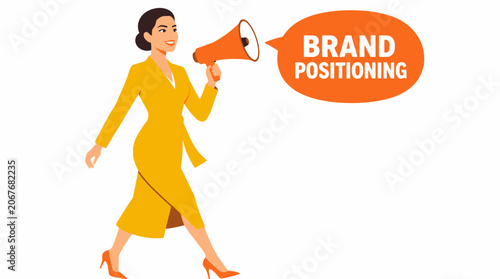Woman in yellow dress holding megaphone for brand positioning.