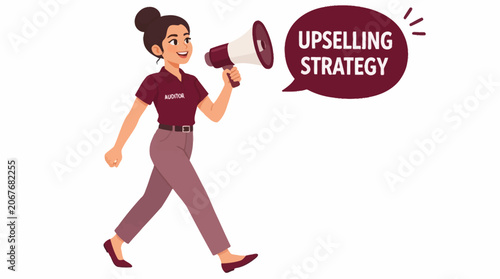 Woman holding megaphone for upselling strategy.