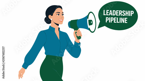 Woman speaking into megaphone about leadership pipeline.