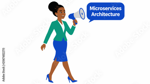Businesswoman holding megaphone in green blazer and blue skirt.