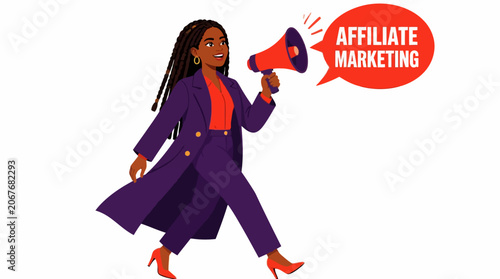 Woman in purple coat holding megaphone for affiliate marketing.