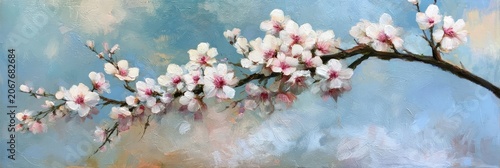 Blooming branch with delicate pink and white flowers against a soft, blended sky