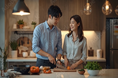 Young Asian Couple Sharing Fun and Laughter While Cooking
