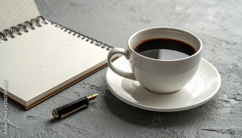 Coffee cup and notebook on grey desk surface.