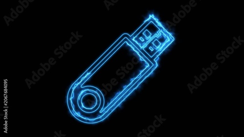Flash Drive USB Memory Data Neon Electric Energy Blue Glow Abstract Technology Background Loop Motion Animation