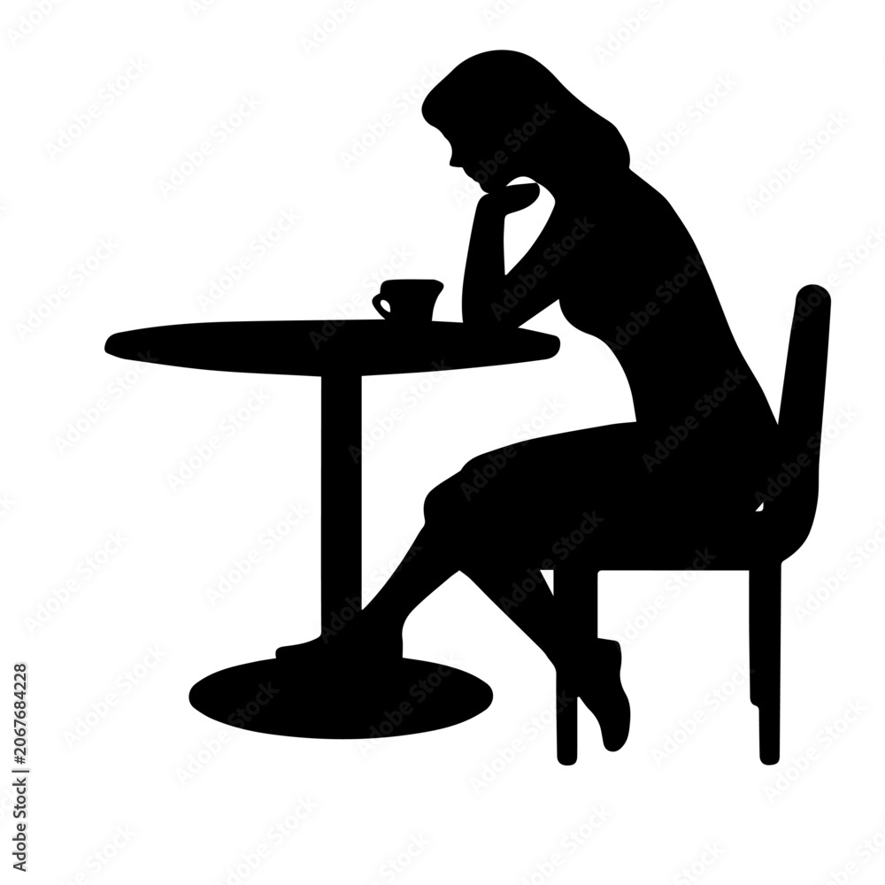 Fototapeta premium Woman Reading Book at Cafe Table Silhouette – Female Student with Hot Coffee Vector Graphic