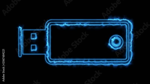 USB Flash Drive Memory Data Neon Electric Energy Blue Glow Abstract Technology Background Loop Motion Animation
