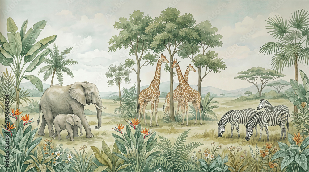 Fototapeta premium Vintage safari animal mural with elephants, giraffes and zebras. Watercolor jungle landscape wallpaper. Retro botanical savanna nursery art.