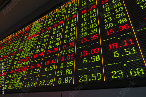 Canvas Print Stock market price board with red and green share data at an Asian financial exc