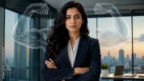 Confident businesswoman with translucent muscle graphics, standing by a window in a high-rise office.