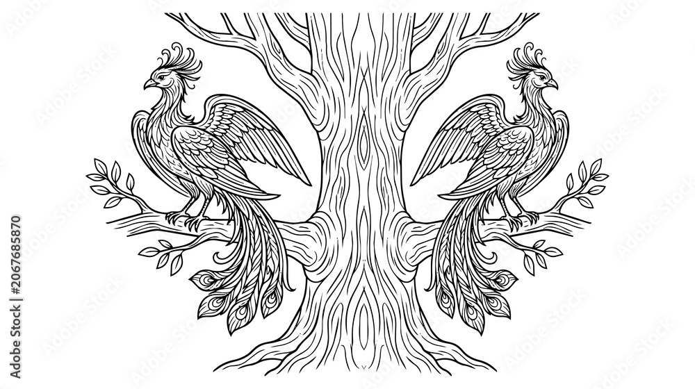 Fototapeta premium Two majestic phoenix birds perched on branches of a large, ancient tree, a symmetrical and mythical composition.