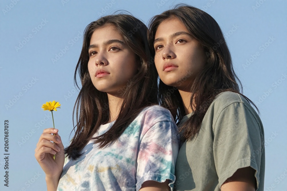 Fototapeta premium Two young women holding a yellow flower in their hands