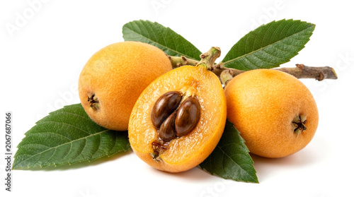 Fresh loquat fruits with green leaves isolated on white background