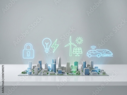 Smart city miniature model with glowing icons for security, energy, and transit.