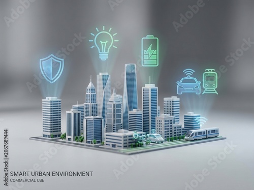 Miniature smart city model with holographic icons for green energy, digital security, and connected transit