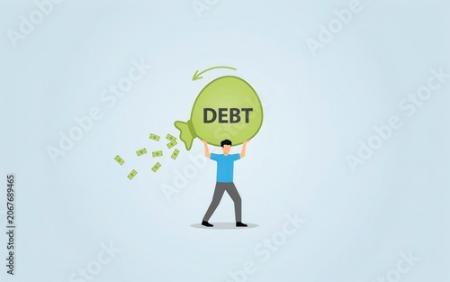 Man carrying a heavy debt sack with money leaking out