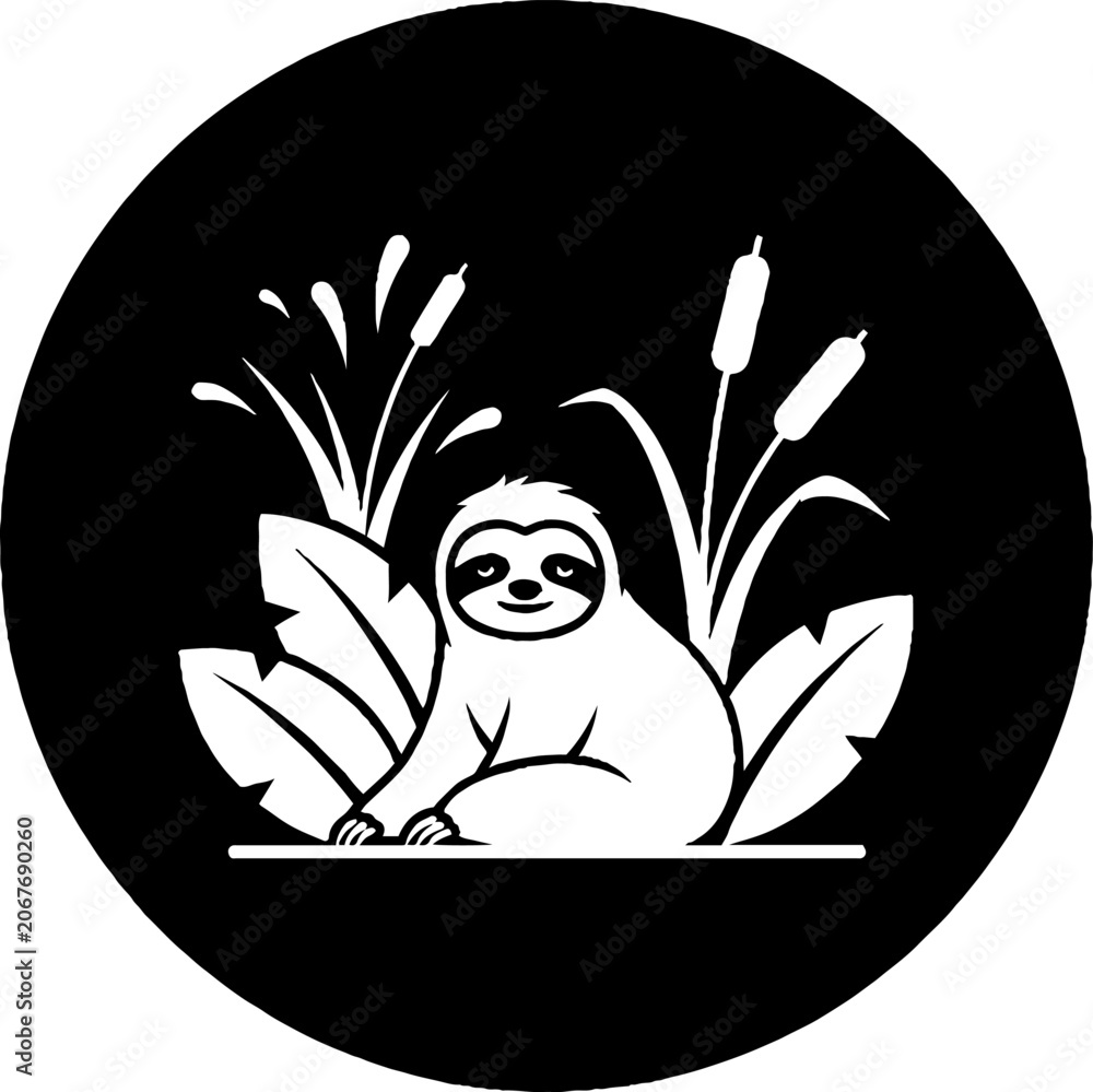 Obraz premium Cute Sloth Sitting Among Tall Grass and Leaves.
