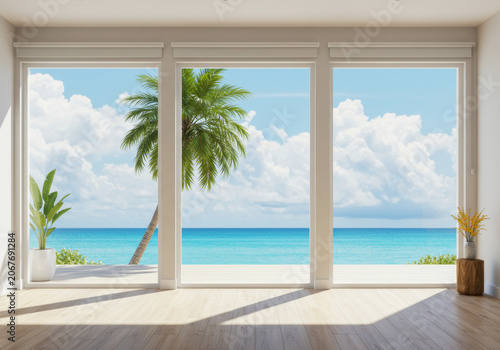 Ocean View Through Large Windows with Palm Trees and Bright Clouds