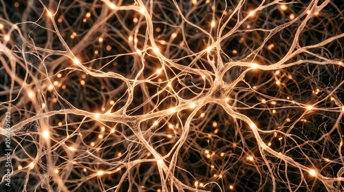 Close up of glowing interconnected neural network with bright orange lights on dark background neuron