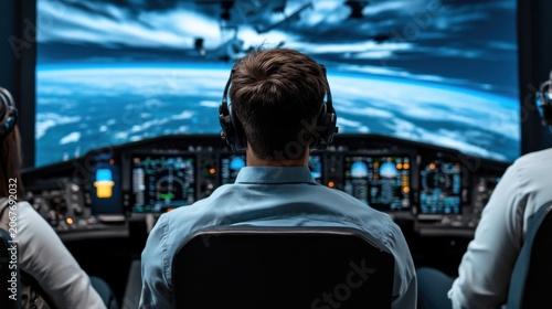 A pilot navigating a flight simulator showcasing cutting edge technology and a stunning view of earth from the cockpit