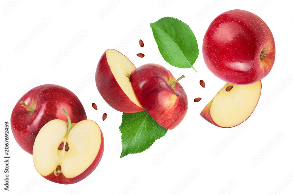 Fototapeta premium falling Red apple slices isolated on white background,