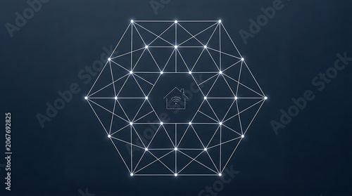 White geometric network with house and wifi symbol on dark blue background technology connection data