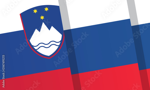 Slovenia National Flag Concept with Waving Layered Tricolor Stripes Featuring the Slovenian Coat of Arms with Mount Triglav Emblem