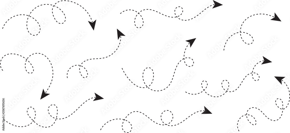 Fototapeta premium Set of curvy dashed squiggle lines with arrows isolated on a transparent background. Vector Illustration.