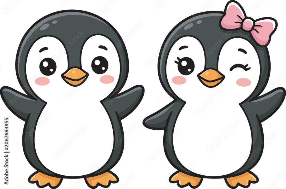 Fototapeta premium Two cute cartoon penguins with pink bow