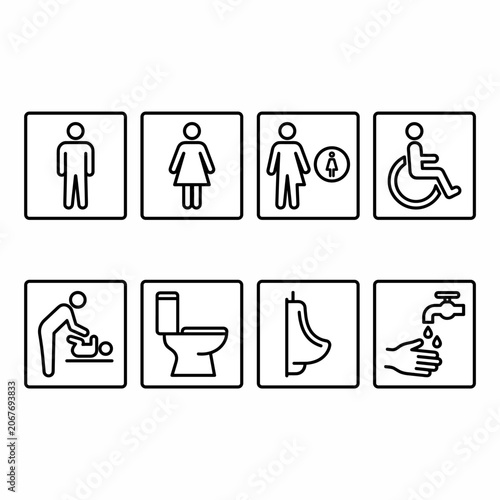 Set of eight black and white line art icons for public restroom facilities, including male, female, gender-neutral, accessible, baby changing, toilet, urinal, and hand washing.