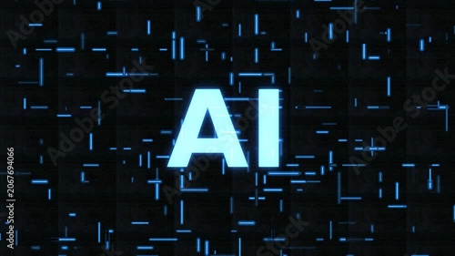 Glowing blue AI text symbol stands out against a dark abstract digital background filled with neon electronic circuits, glitch elements, and futuristic technology grid data patterns
