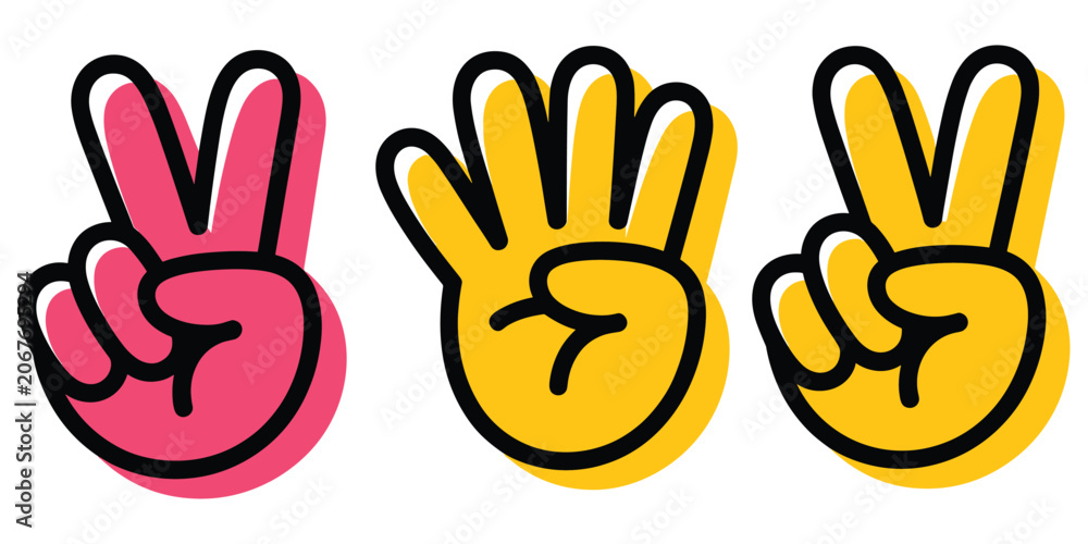 Fototapeta premium Set of three colorful hand gestures showing peace sign, four fingers, and victory symbol