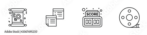Minimalist vector line art set featuring a gender symbol document sticky notes for organization a digital sports score board and a classic film reel for cinematic projects and professional media.