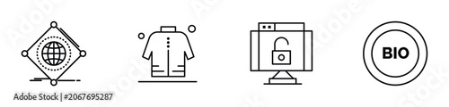 Minimalist vector graphic illustration set featuring a digital globe icon a clean shirt symbol an unlocked computer screen interface and a circular bio label design for modern web development projects
