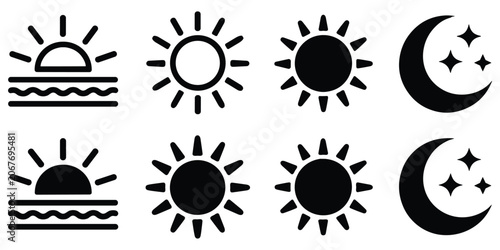 Set of black and white weather icons featuring sun variations and moon with shining stars symbols