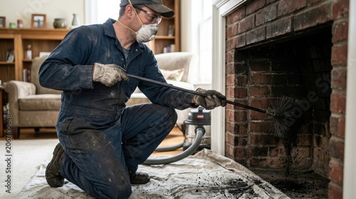 Professional chimney sweep cleaning a chimney with a long brush, removing soot and debris from the flue. Home maintenance and fireplace safety concept emphasizing essential servicing work.