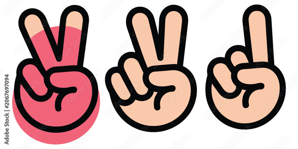 Fototapeta premium Peace hand signs showing two fingers, pink circle, light skin tone, black outline